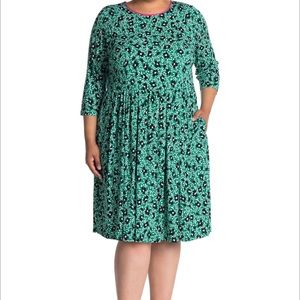 Eliza J Floral Print Green Knee Length Pleated Dress Size 16 W